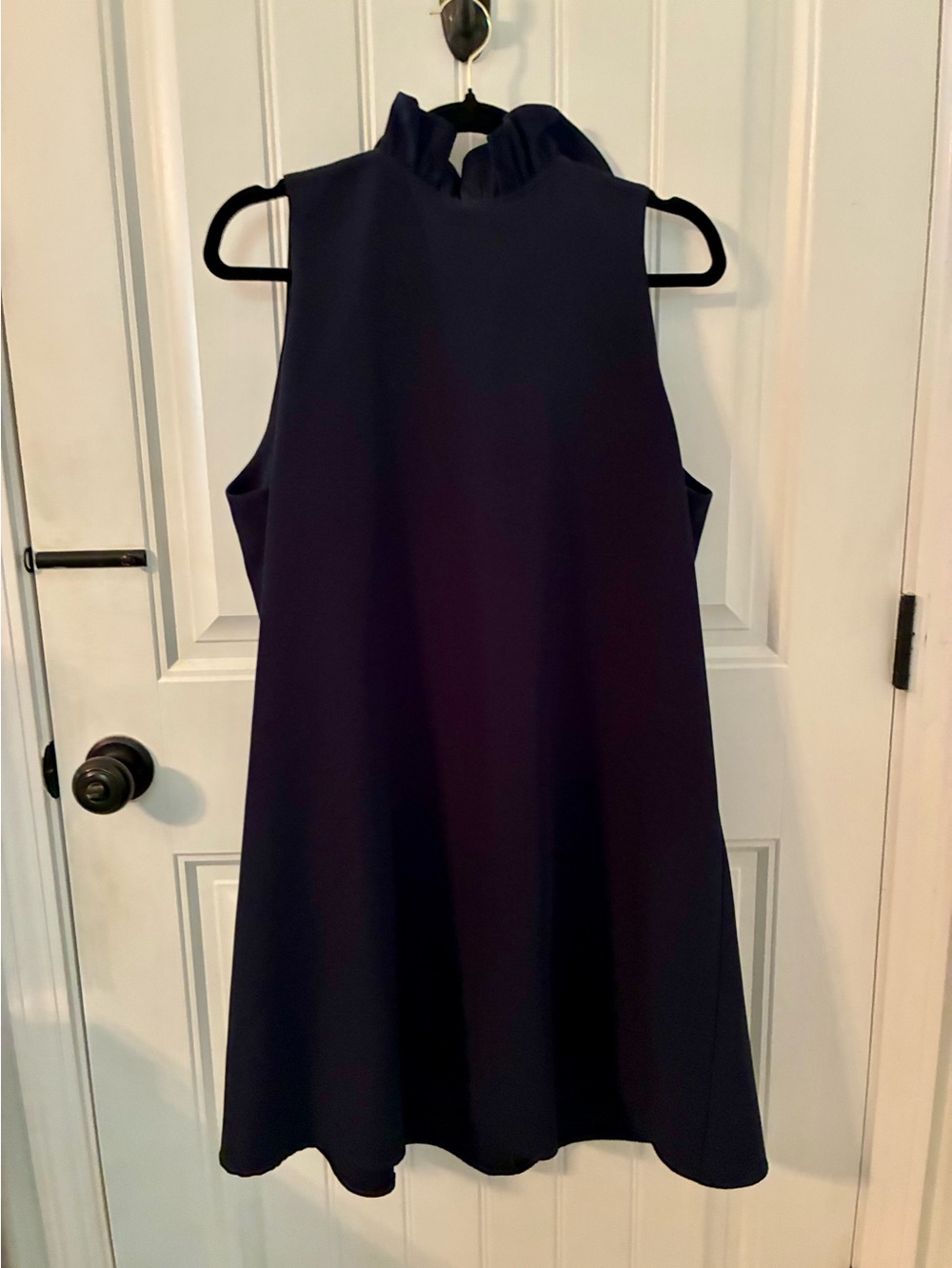 Tuckernuck Sleeveless Ruffle-Neck Shift Dress in Deep Navy with back tie bow